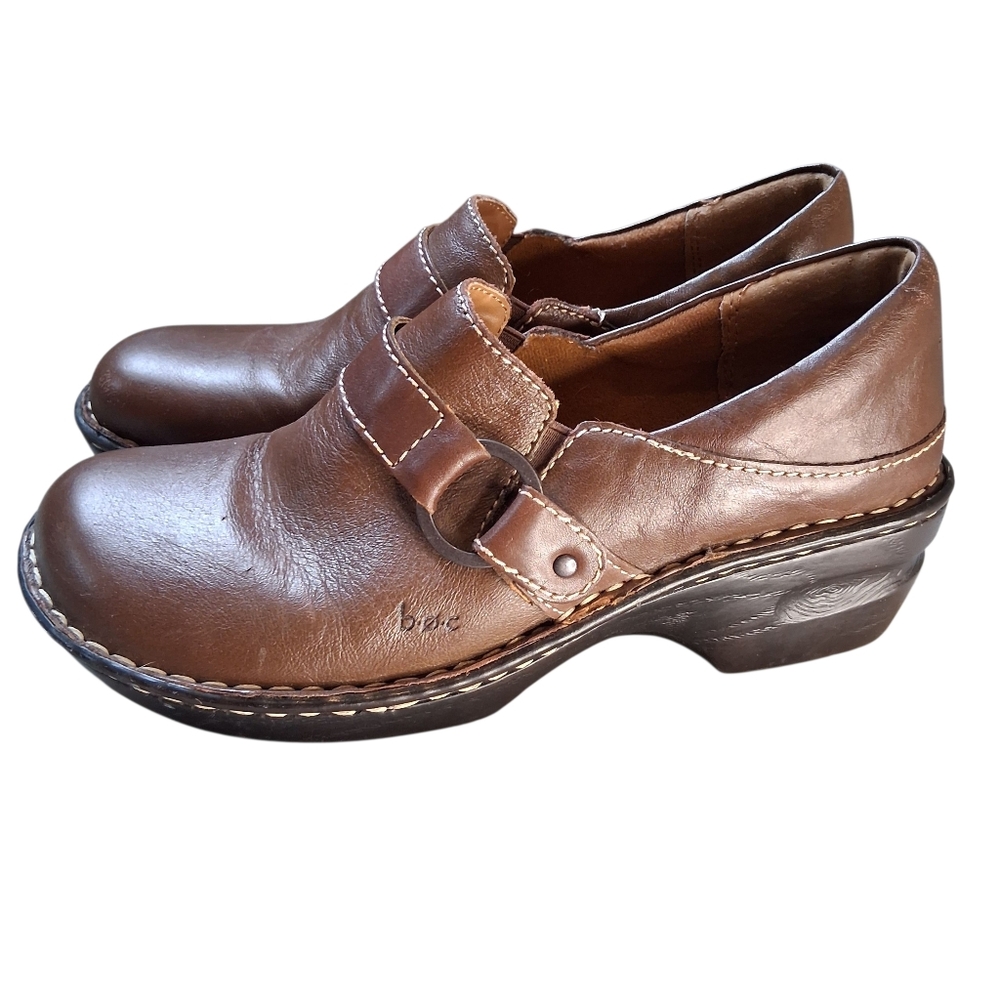 B.O.C. Born Concept Brown Leather Comfort Clog Mule Loafer Buckle US 8.5M
